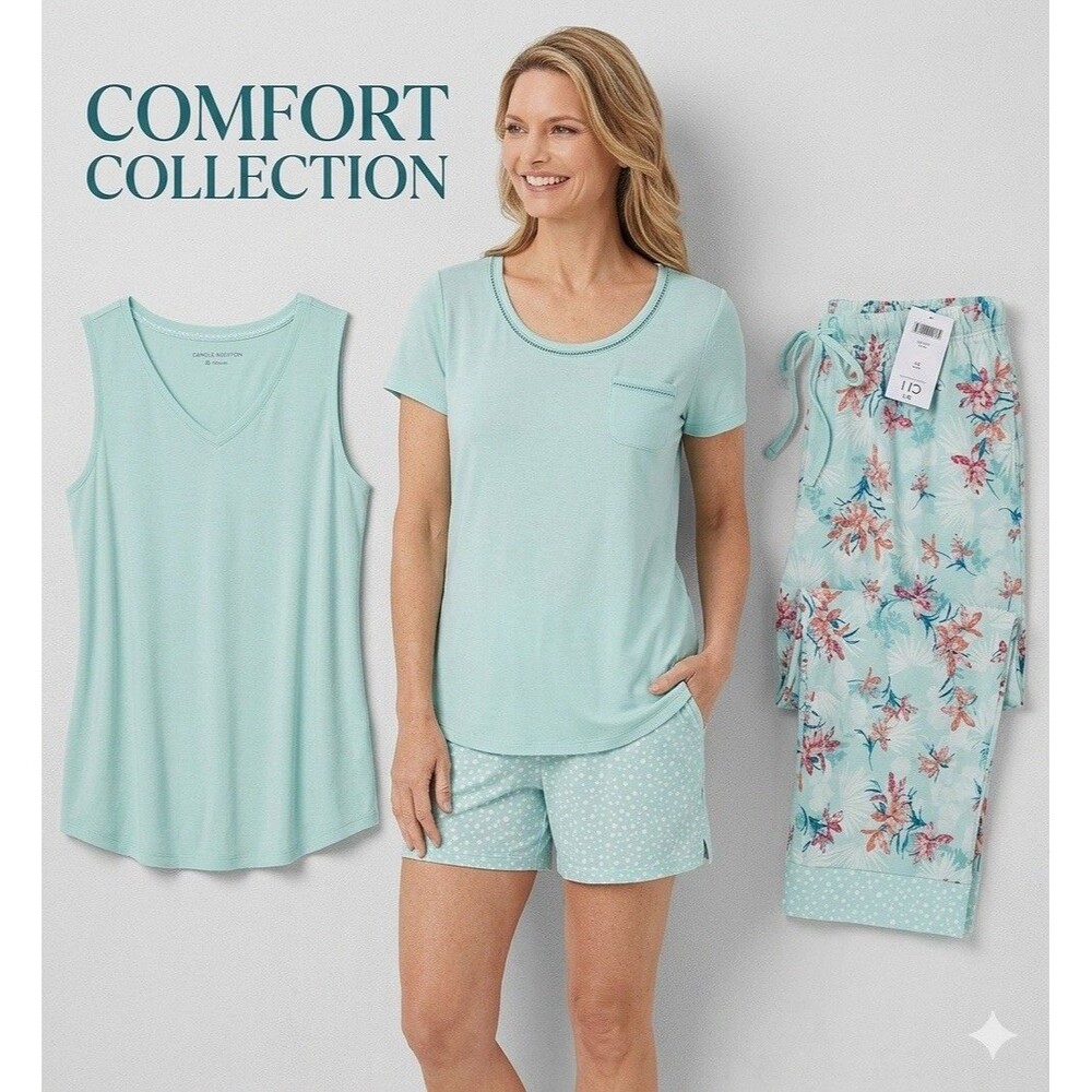 Carole Hochman 4-Piece Pajama Set Womens XS Mint Green Floral Dot Tee Tank Pants